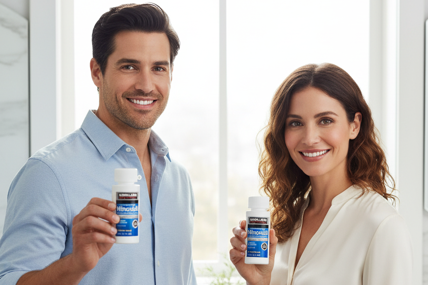Man and woman holding bottles of a supplement in a bright room.